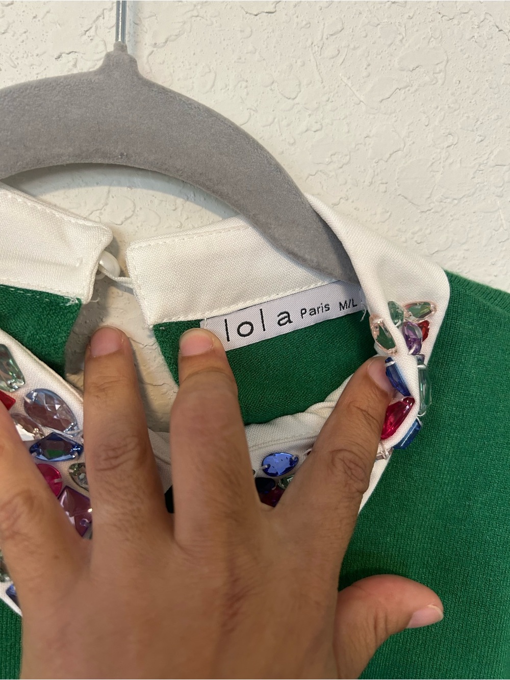 lola Green Crewneck Sweater with Jeweled Collar Party Top Maximalist M-L - Picture 4 of 8